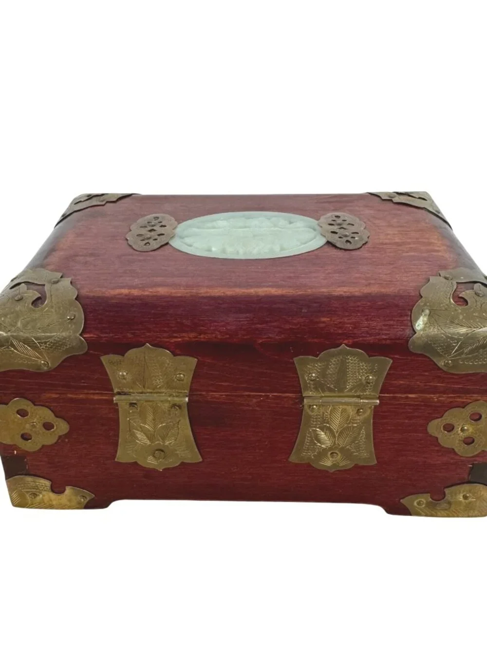 Wood Chinese Jewelry Box Jade Ornate Brass Trimmed MC-134